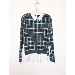 Tahari Knit Sweater with Blouse Attached Medium Green Black White Plaid